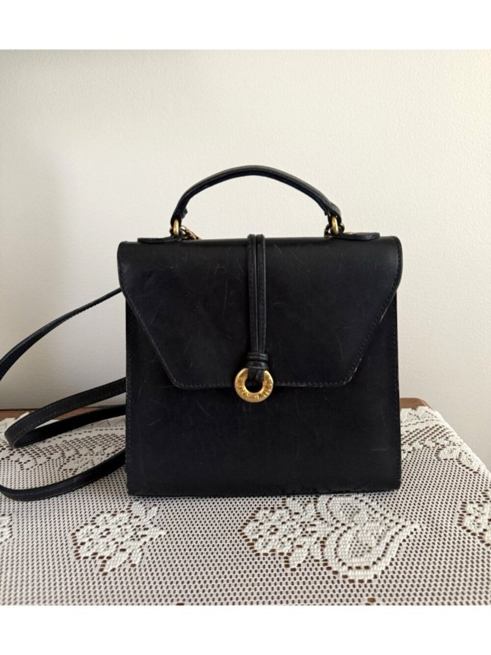 Vintage Anne Klein Leather Square Top Handle Bag With Crossbody Strap Navy Y2K
